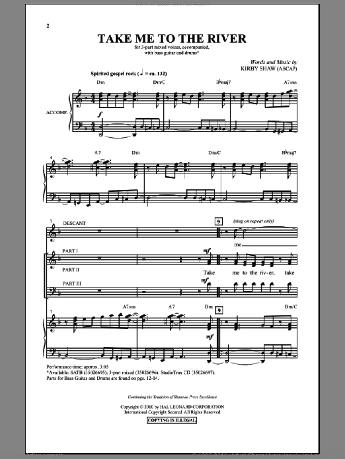 Take Me To The River sheet music for choir (3-Part Mixed) by Kirby Shaw and Miscellaneous, intermediate skill level