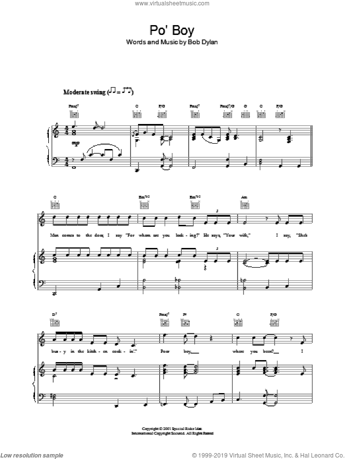 Po' Boy sheet music for voice, piano or guitar by Bob Dylan, intermediate skill level