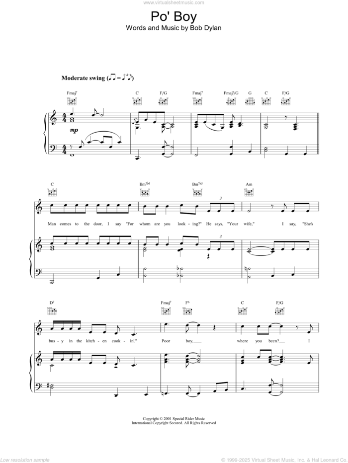 Po' Boy sheet music for voice, piano or guitar by Bob Dylan, intermediate skill level