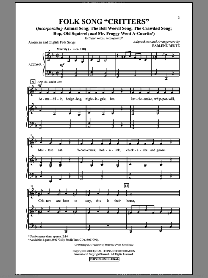 Folk Song 'Critters' sheet music for choir (2-Part) by Earlene Rentz, intermediate duet