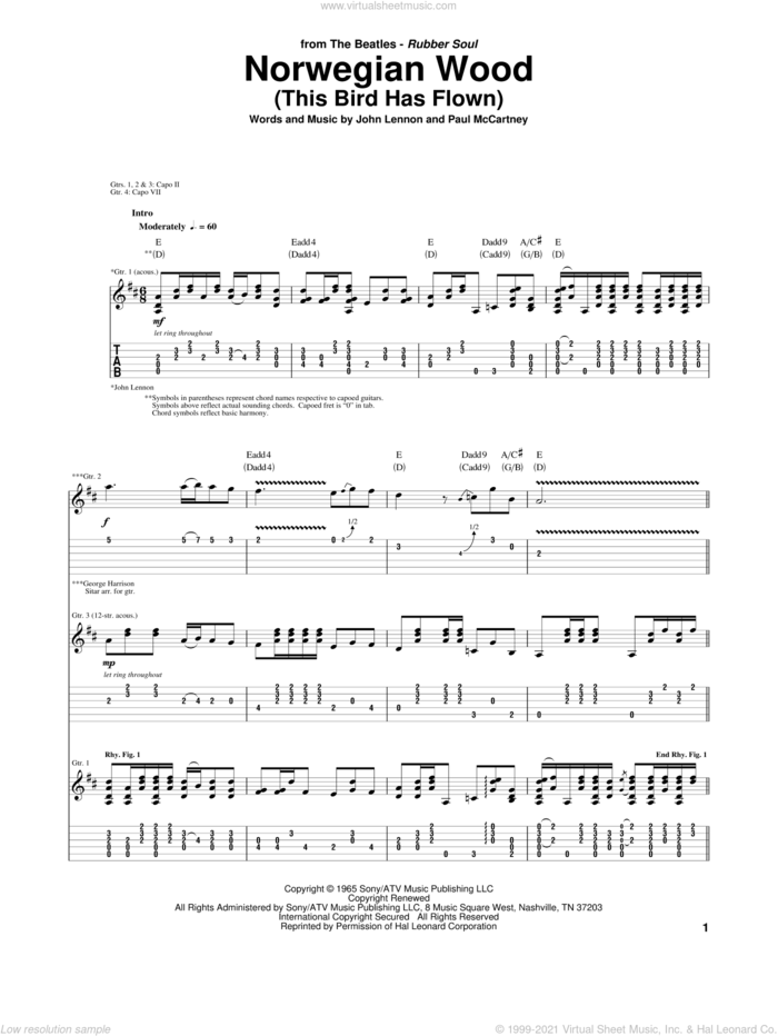 Norwegian Wood (This Bird Has Flown) sheet music for guitar (tablature) by The Beatles, John Lennon and Paul McCartney, intermediate skill level