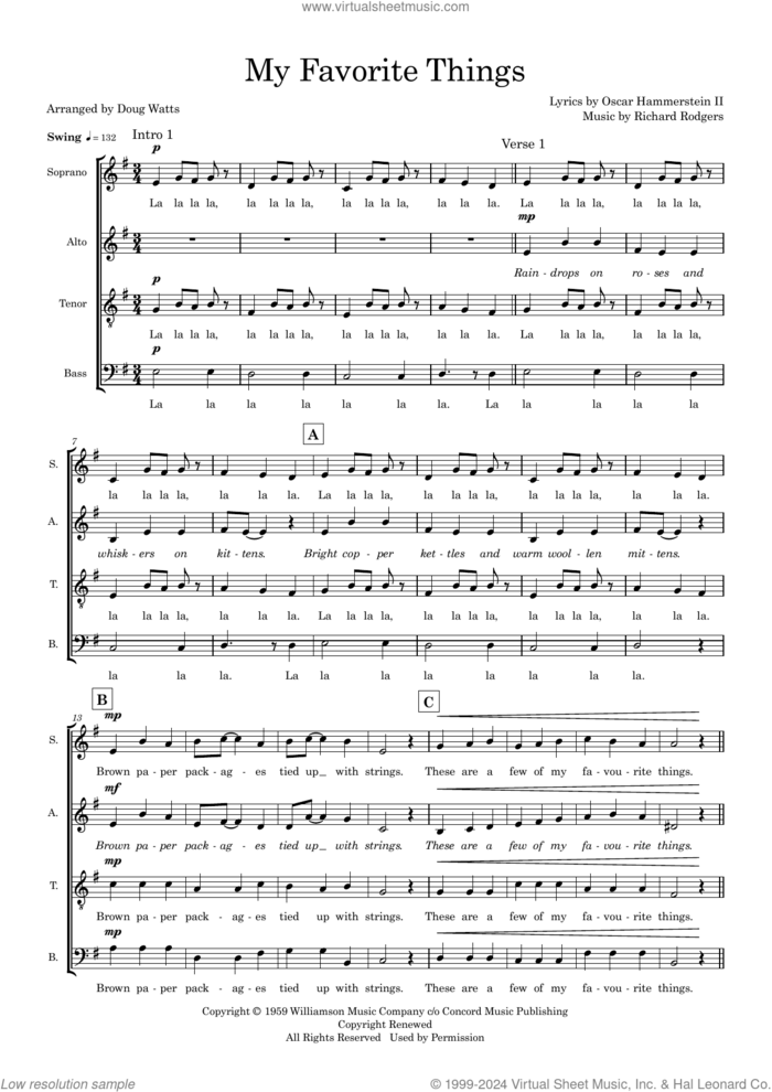 My Favorite Things (arr. Doug Watts) sheet music for choir (SATB: soprano, alto, tenor, bass) by Richard Rodgers, Doug Watts, Oscar II Hammerstein and Rodgers & Hammerstein, intermediate skill level
