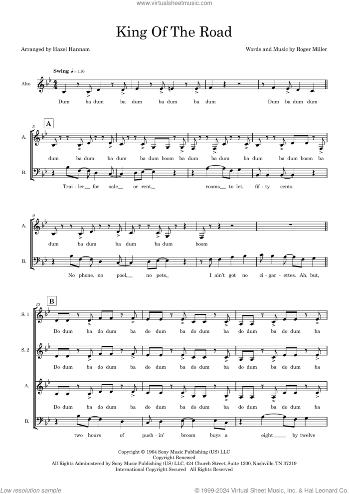 King Of The Road (arr. Hazel Hannam) sheet music for choir (SSAB) by Roger Miller, Hazel Hannam and Randy Travis, intermediate skill level