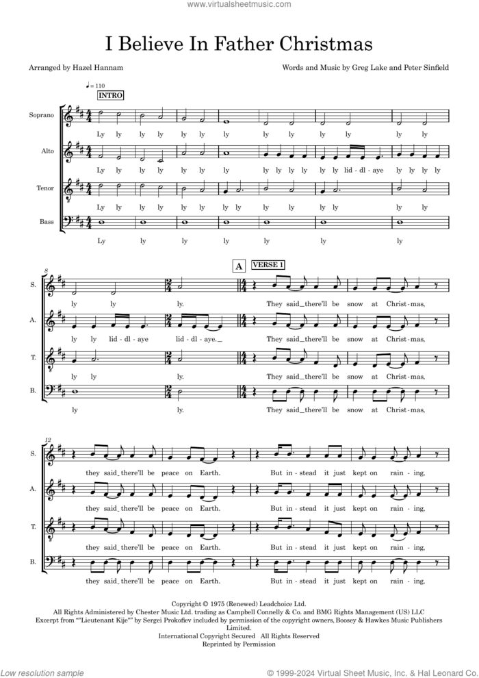 I Believe In Father Christmas (arr. Hazel Hannam) sheet music for choir (SATB: soprano, alto, tenor, bass) by Greg Lake, Hazel Hannam and Peter Sinfield, intermediate skill level