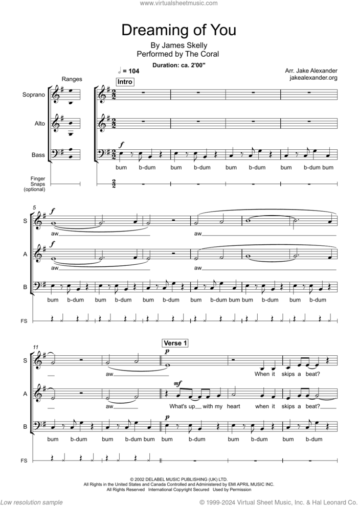Dreaming Of You (arr. Jake Alexander) sheet music for choir (SAB: soprano, alto, bass) by The Coral, Jake Alexander and James Skelly, intermediate skill level