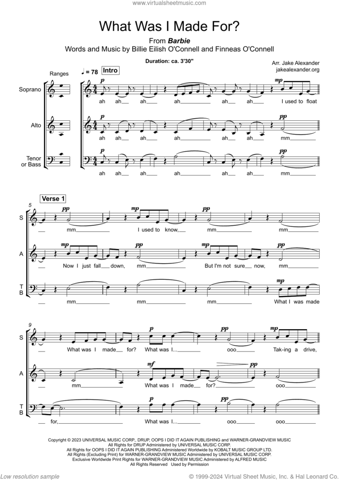 What Was I Made For? (arr. Jake Alexander) sheet music for choir (SAB: soprano, alto, bass) by Billie Eilish and Jake Alexander, intermediate skill level