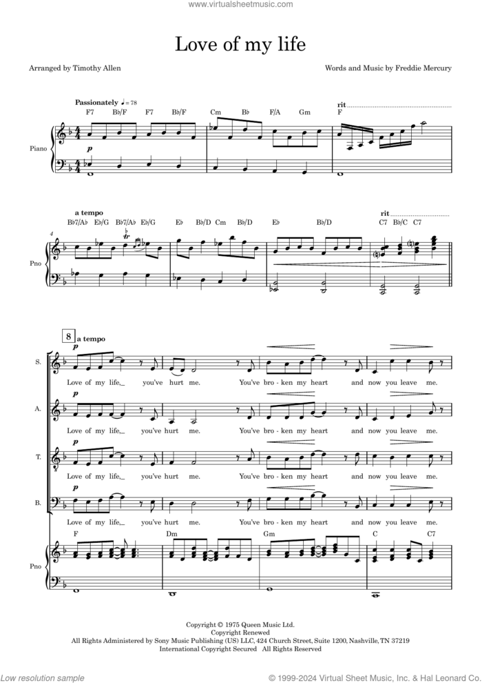 Love of My Life (arr. Tim Allen) (COMPLETE) sheet music for orchestra/band (SATB) by Queen, Freddie Mercury and Tim Allen, intermediate skill level
