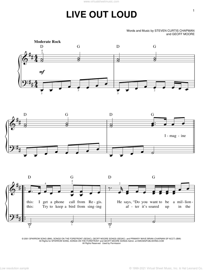 Live Out Loud sheet music for piano solo by Steven Curtis Chapman and Geoff Moore, easy skill level