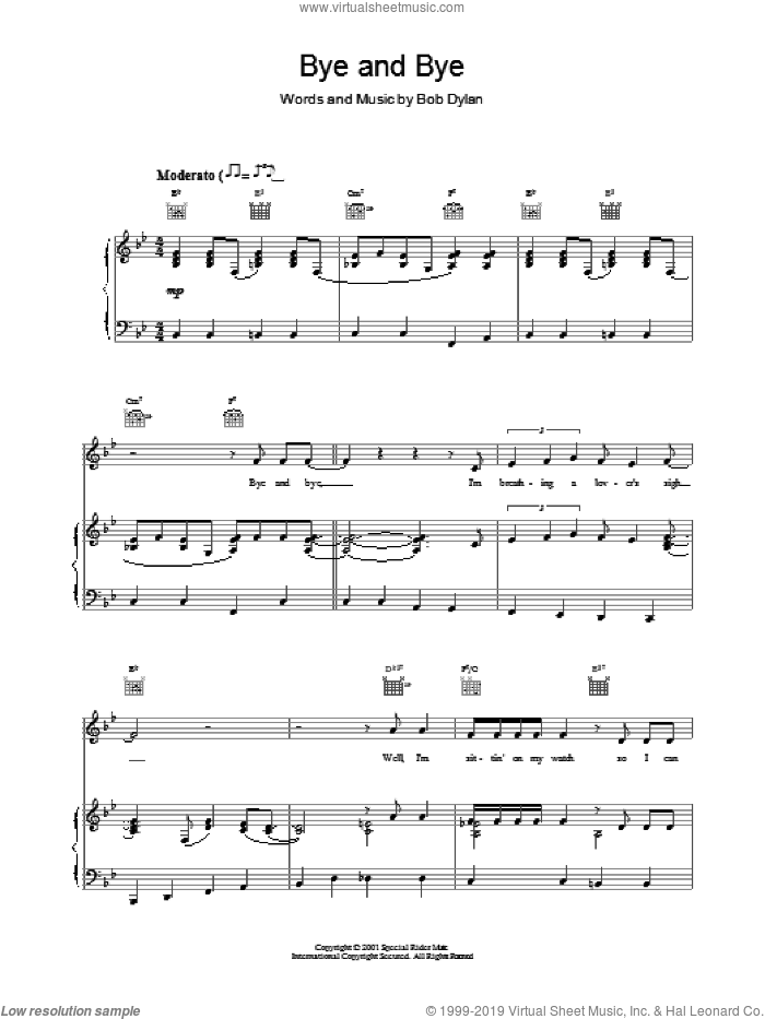 Bye and Bye sheet music for voice, piano or guitar by Bob Dylan, intermediate skill level