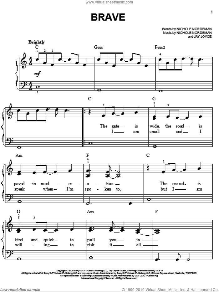 Brave sheet music for piano solo by Nichole Nordeman and Jay Joyce, easy skill level