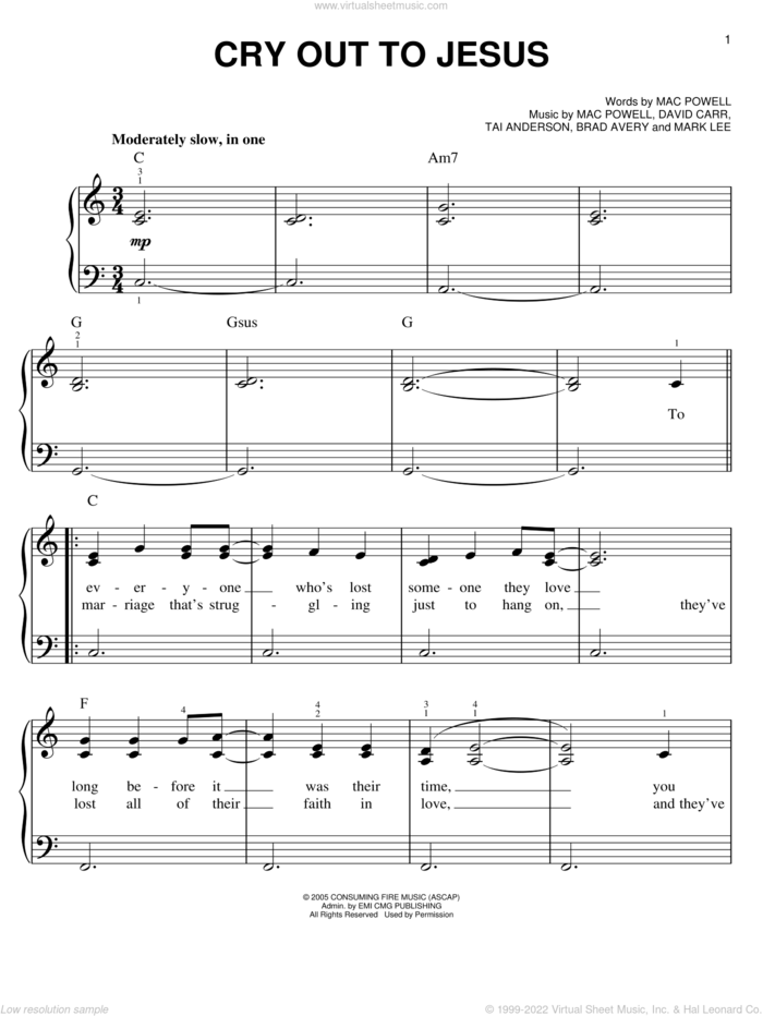 Cry Out To Jesus sheet music for piano solo by Third Day, Brad Avery, David Carr, Mac Powell, Mark Lee and Tai Anderson, easy skill level