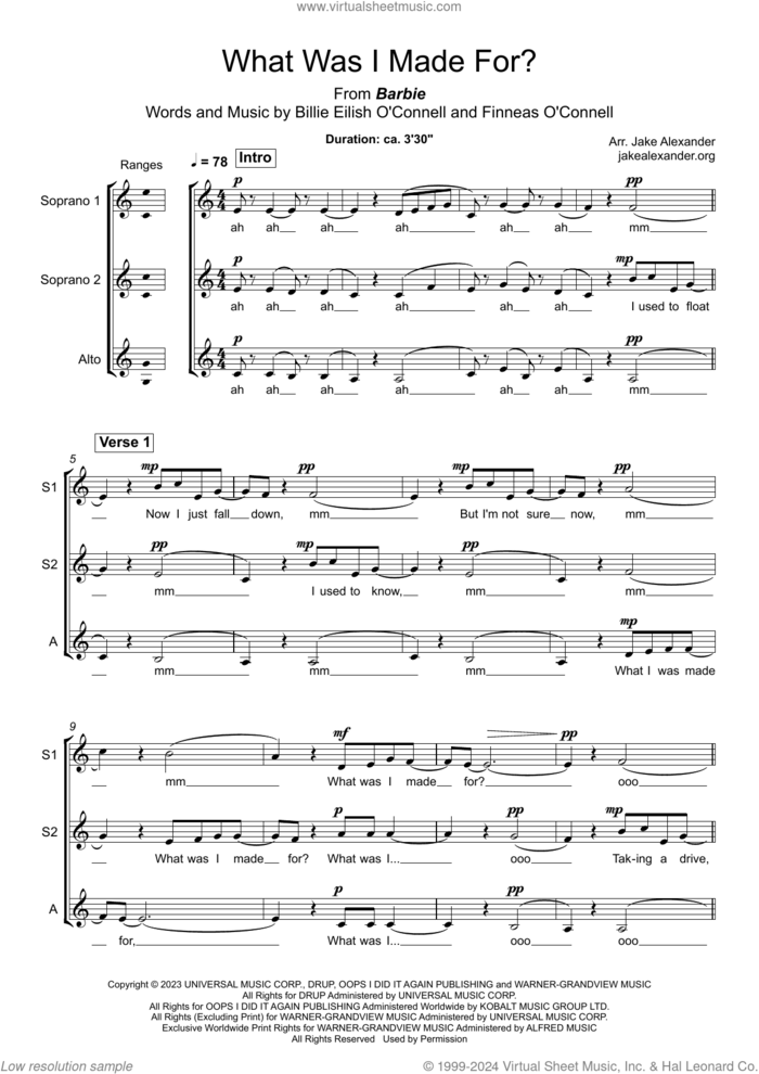 What Was I Made For? (arr. Jake Alexander) sheet music for choir (SSA: soprano, alto) by Billie Eilish and Jake Alexander, intermediate skill level