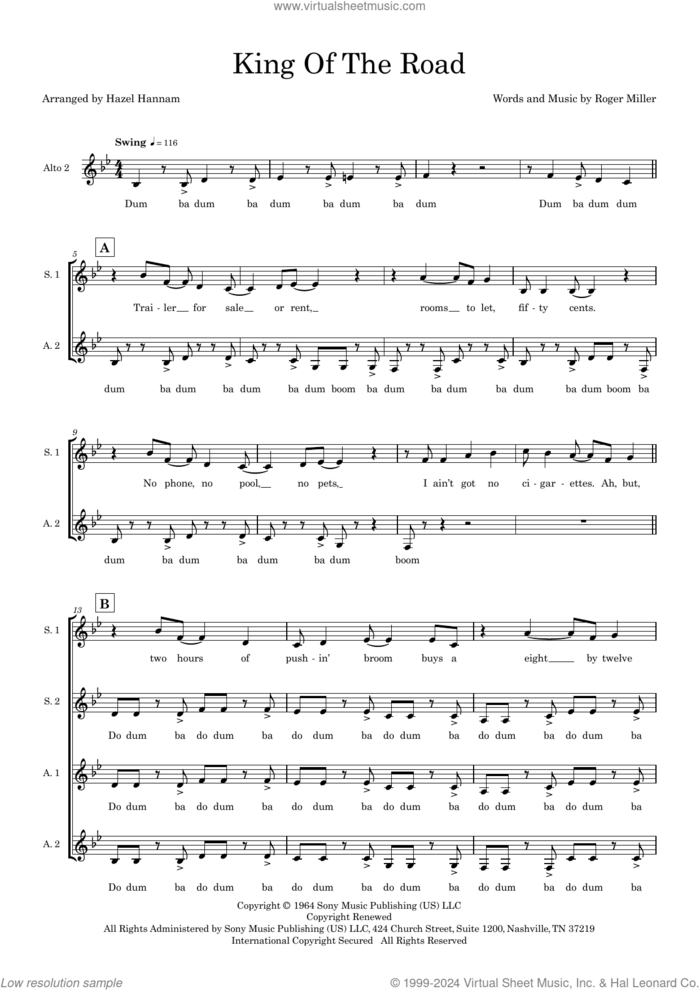 King Of The Road (arr. Hazel Hannam) sheet music for choir (SSAA: soprano, alto) by Roger Miller, Hazel Hannam and Randy Travis, intermediate skill level
