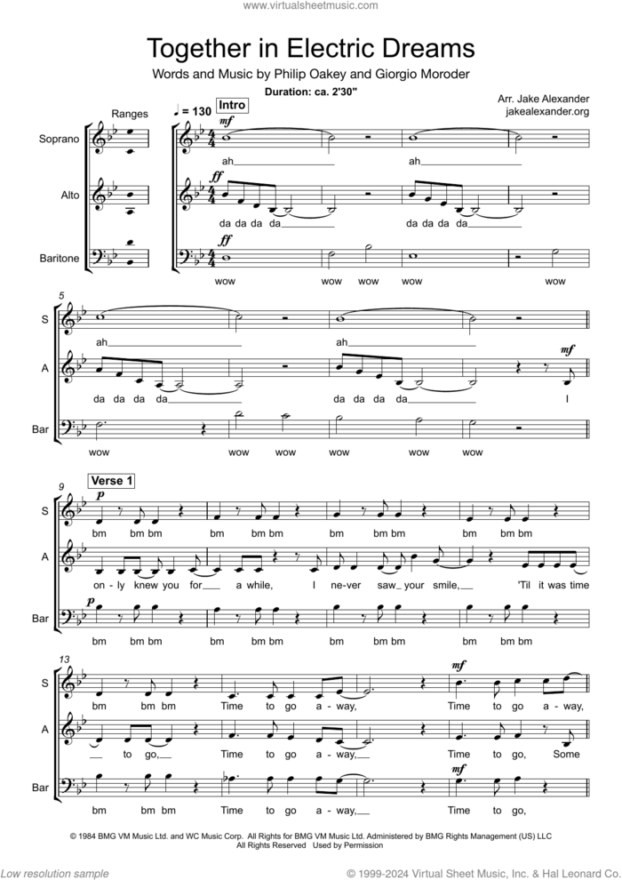 Together In Electric Dreams (arr. Jake Alexander) sheet music for choir (SAB: soprano, alto, bass) by Human League, Jake Alexander, Giorgio Moroder and Phil Oakey, intermediate skill level