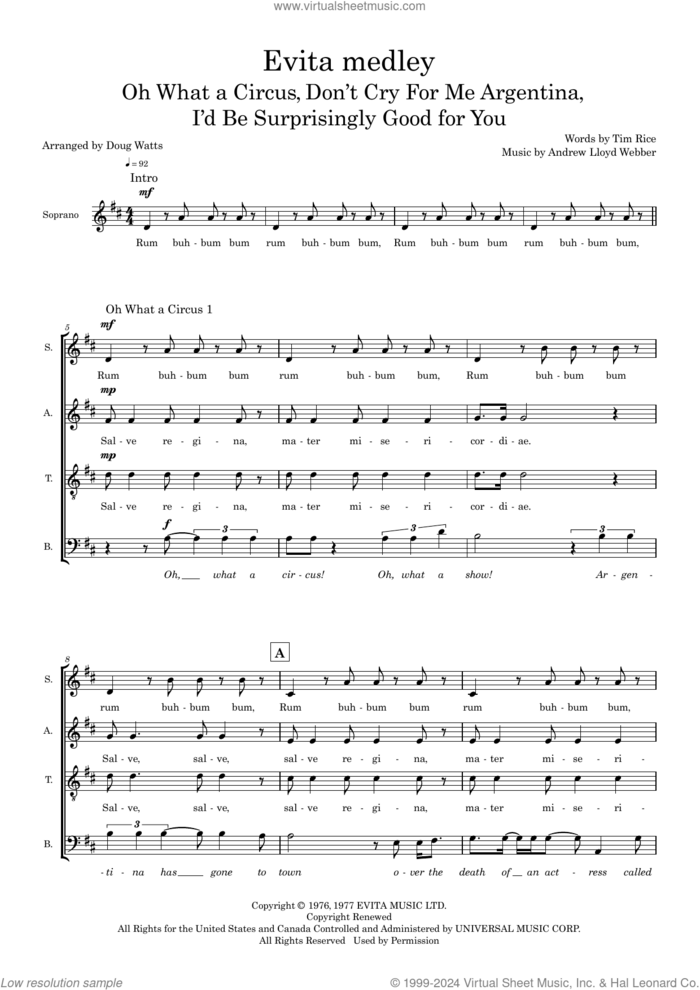 Evita Medley (arr. Doug Watts) sheet music for choir (SATB: soprano, alto, tenor, bass) by Andrew Lloyd Webber, Doug Watts, Andrew Lloyd Webber & Tim Rice and Tim Rice, intermediate skill level
