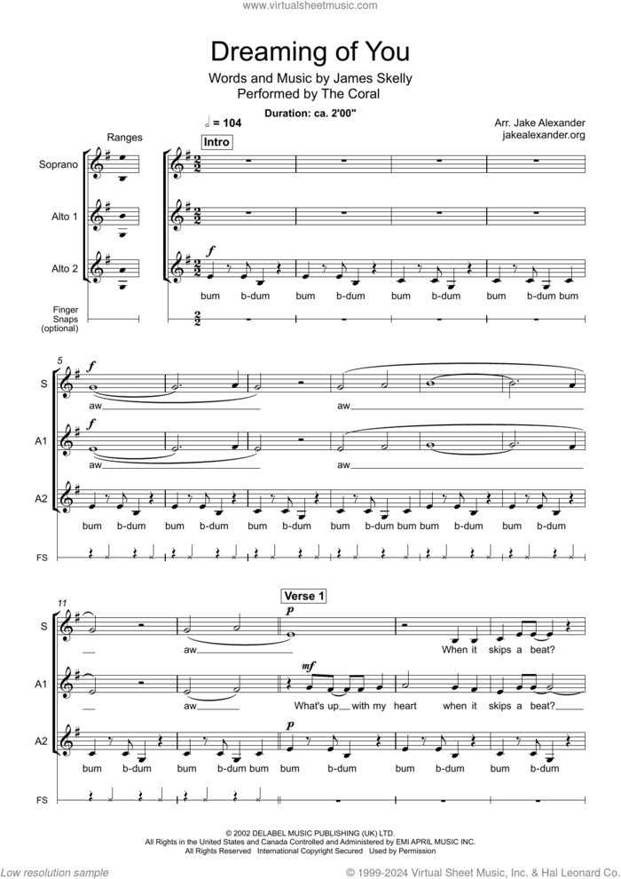 Dreaming Of You (arr. Jake Alexander) sheet music for choir (SAA) by The Coral, Jake Alexander and James Skelly, intermediate skill level