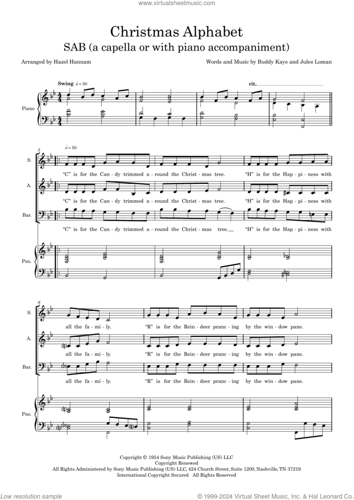 Christmas Alphabet (arr. Hazel Hannam) sheet music for choir (SAB: soprano, alto, bass) by Buddy Kaye, Hazel Hannam and Jules Loman, intermediate skill level