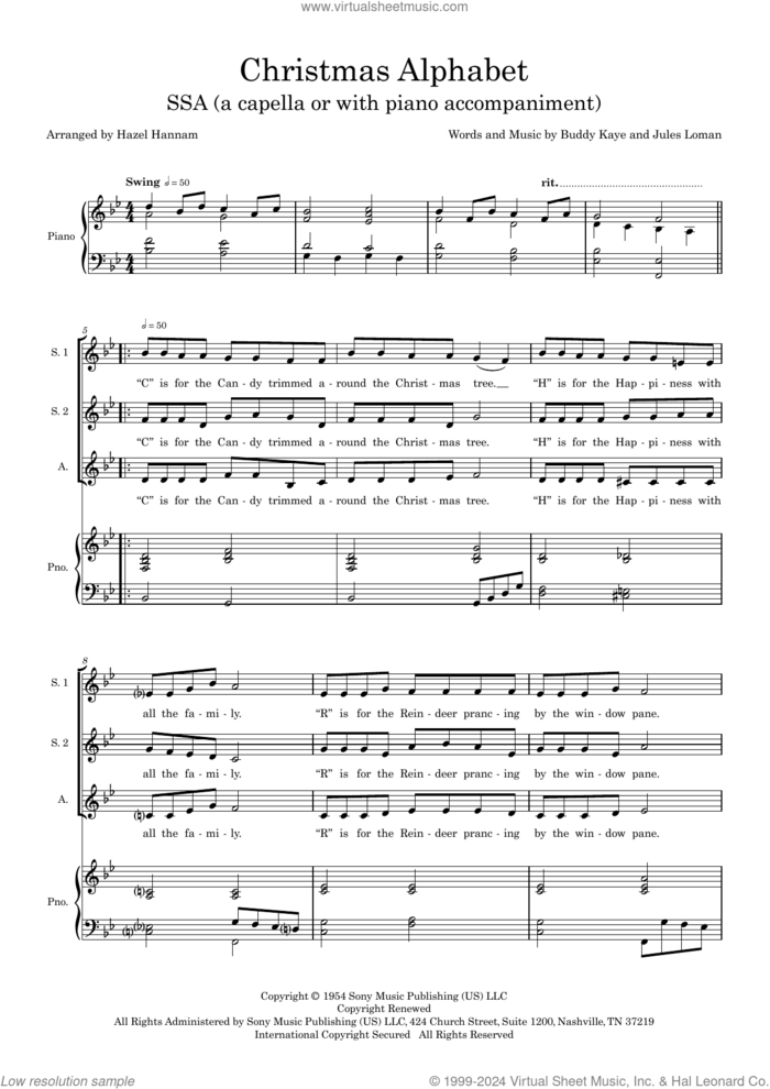 Christmas Alphabet (arr. Hazel Hannam) sheet music for choir (SSA: soprano, alto) by Buddy Kaye, Hazel Hannam and Jules Loman, intermediate skill level