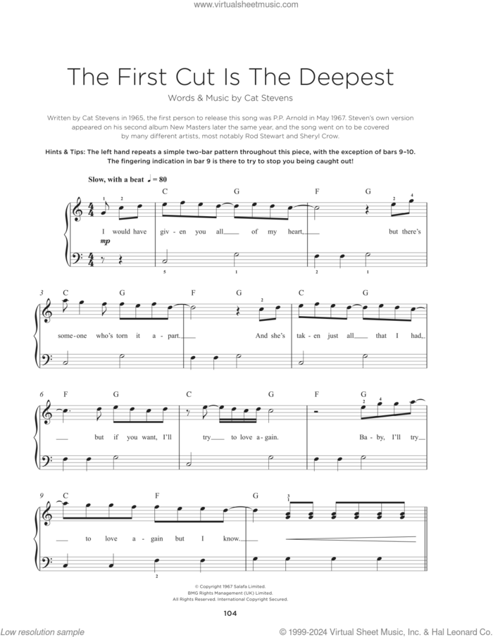 The First Cut Is The Deepest, (beginner) sheet music for piano solo by Sheryl Crow and Cat Stevens, beginner skill level
