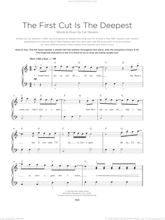 The First Cut Is The Deepest, (beginner) sheet music for piano solo by Sheryl Crow and Cat Stevens, beginner skill level