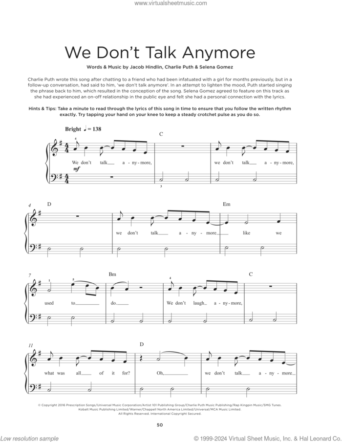 We Don't Talk Anymore (feat. Selena Gomez) sheet music for piano solo by Charlie Puth, Jacob Kasher Hindlin and Selena Gomez, beginner skill level