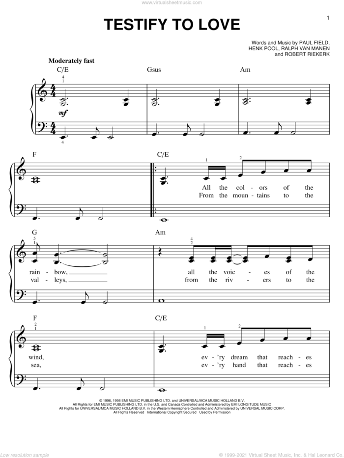 Testify To Love sheet music for piano solo by Avalon, Henk Pool, Paul Field, Ralph Van Manen and Robert Riekerk, easy skill level