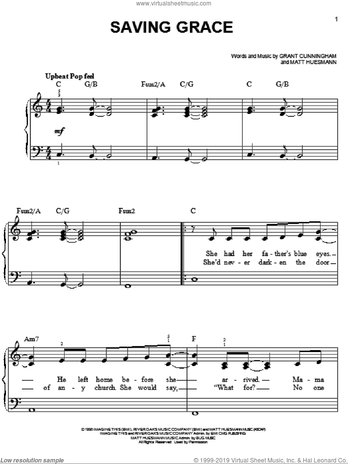 Saving Grace sheet music for piano solo by Point Of Grace, Grant Cunningham and Matt Huesmann, easy skill level