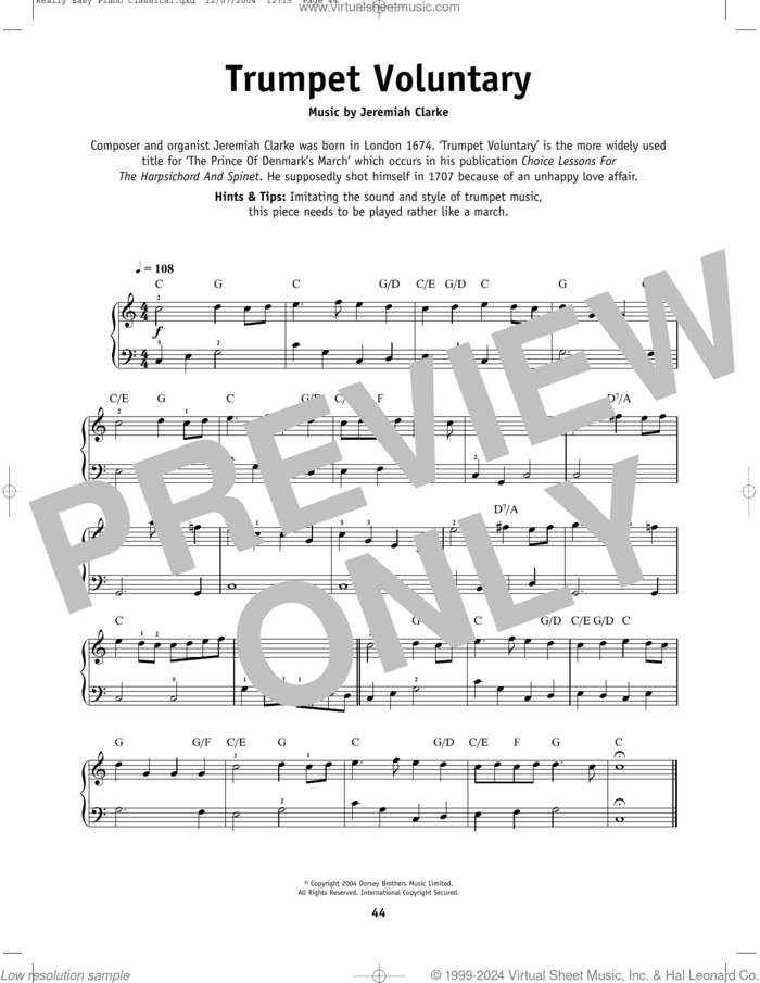 Trumpet Voluntary sheet music for piano solo by Jeremiah Clarke, classical wedding score, beginner skill level