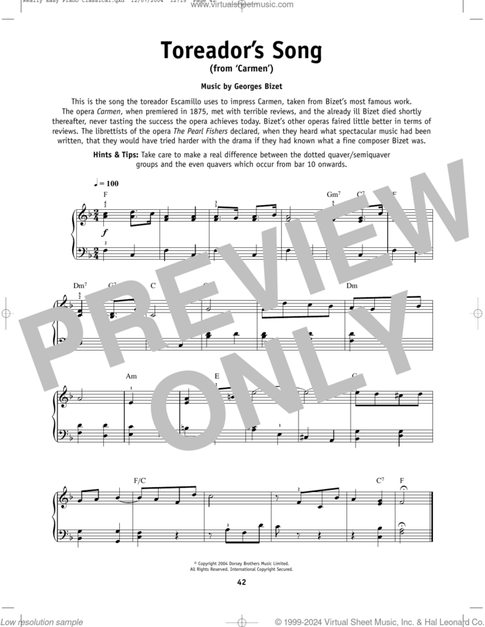 Toreador Song sheet music for piano solo by Georges Bizet, classical score, beginner skill level