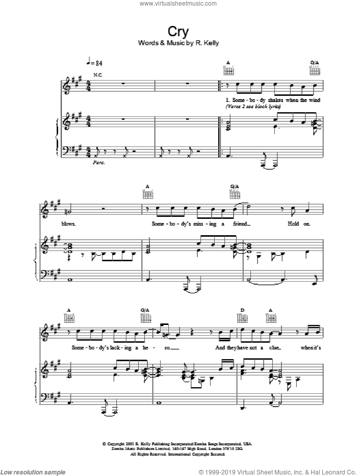 Cry sheet music for voice, piano or guitar by Michael Jackson and Robert Kelly, intermediate skill level
