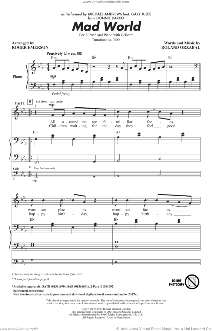 Mad World (arr. Roger Emerson) sheet music for choir (2-Part) by Michael Andrews Feat. Gary Jules, Roger Emerson and Roland Orzabal, intermediate duet