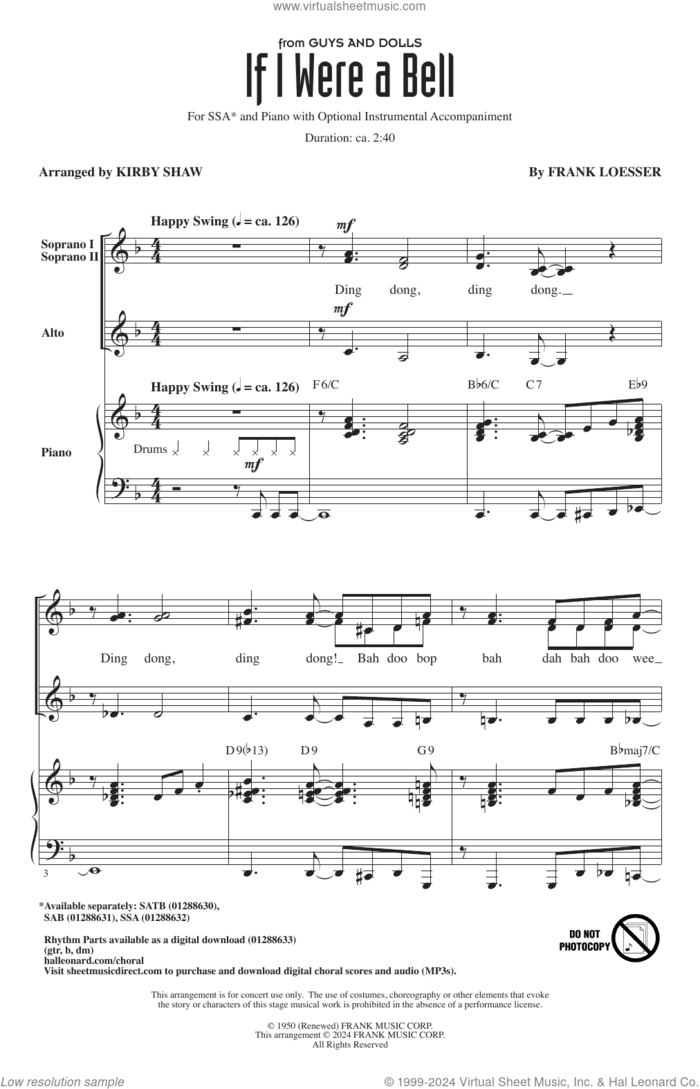If I Were A Bell (from Guys And Dolls) (arr. Kirby Shaw) sheet music for choir (SSA: soprano, alto) by Frank Loesser and Kirby Shaw, intermediate skill level