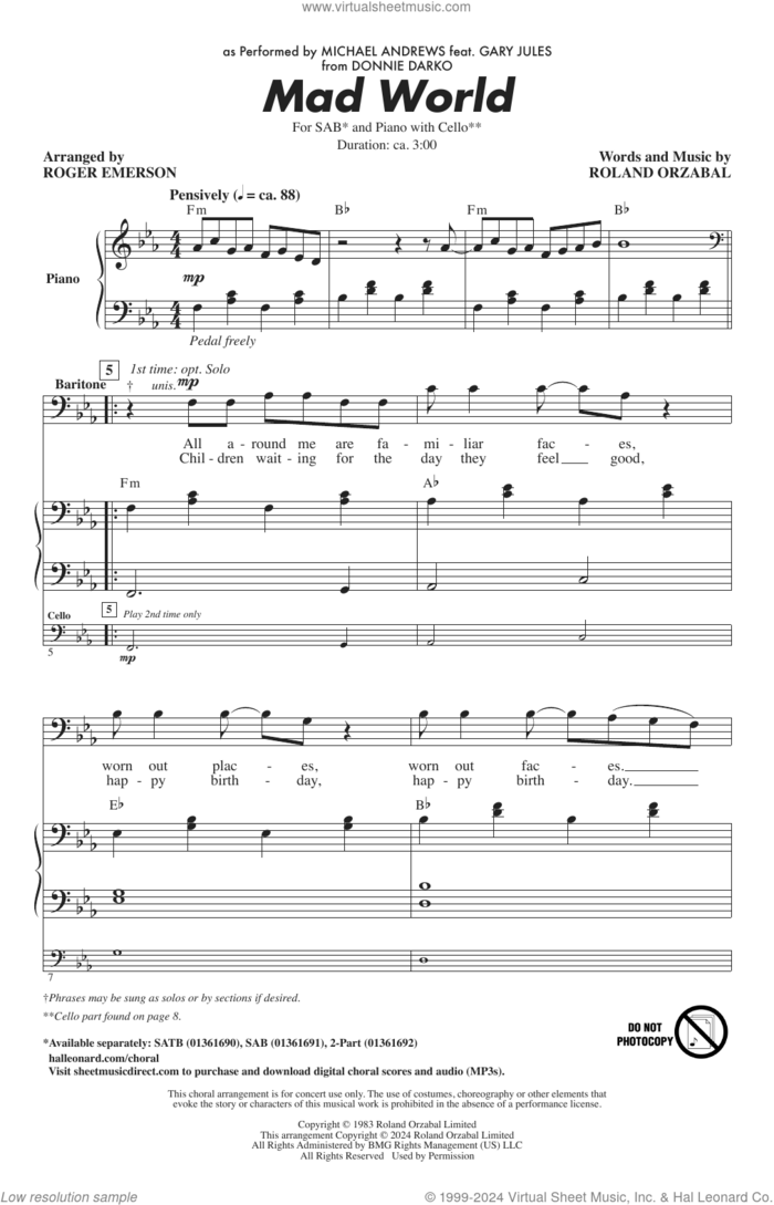 Mad World (arr. Roger Emerson) sheet music for choir (SAB: soprano, alto, bass) by Michael Andrews Feat. Gary Jules, Roger Emerson and Roland Orzabal, intermediate skill level