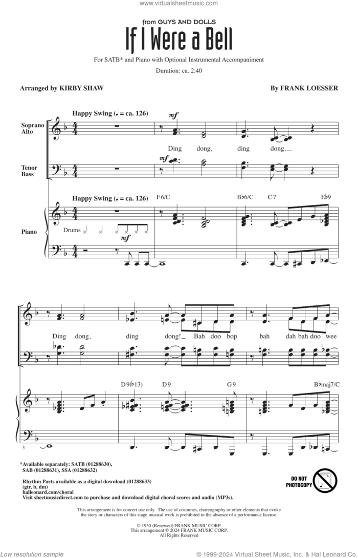If I Were A Bell (from Guys And Dolls) (arr. Kirby Shaw) sheet music for choir (SATB: soprano, alto, tenor, bass) by Frank Loesser and Kirby Shaw, intermediate skill level