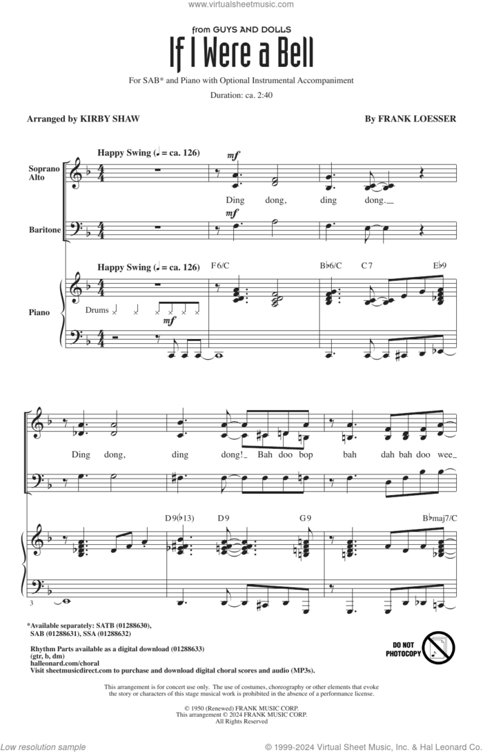 If I Were A Bell (from Guys And Dolls) (arr. Kirby Shaw) sheet music for choir (SAB: soprano, alto, bass) by Frank Loesser and Kirby Shaw, intermediate skill level