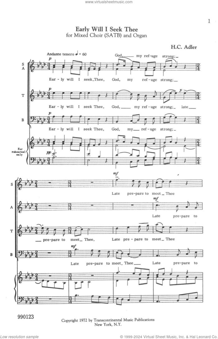 Early Will I Seek Thee sheet music for choir (SATB: soprano, alto, tenor, bass) by Hugo Adler, classical score, intermediate skill level