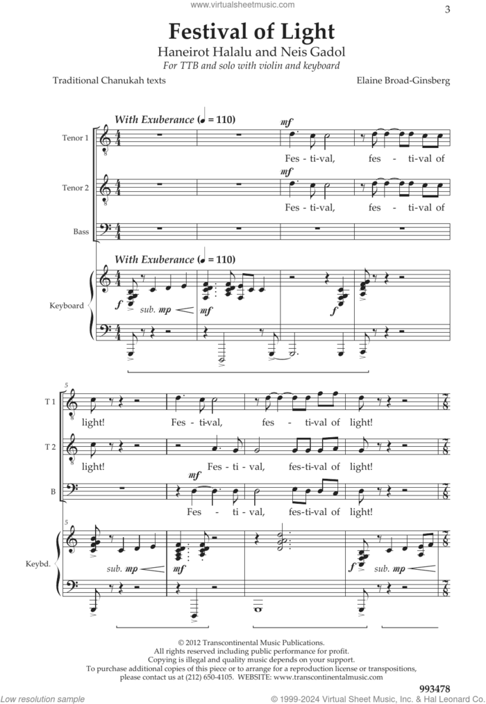 Festival Of Light sheet music for choir (TTB: tenor, bass) by Elaine Broad-Ginsberg, intermediate skill level