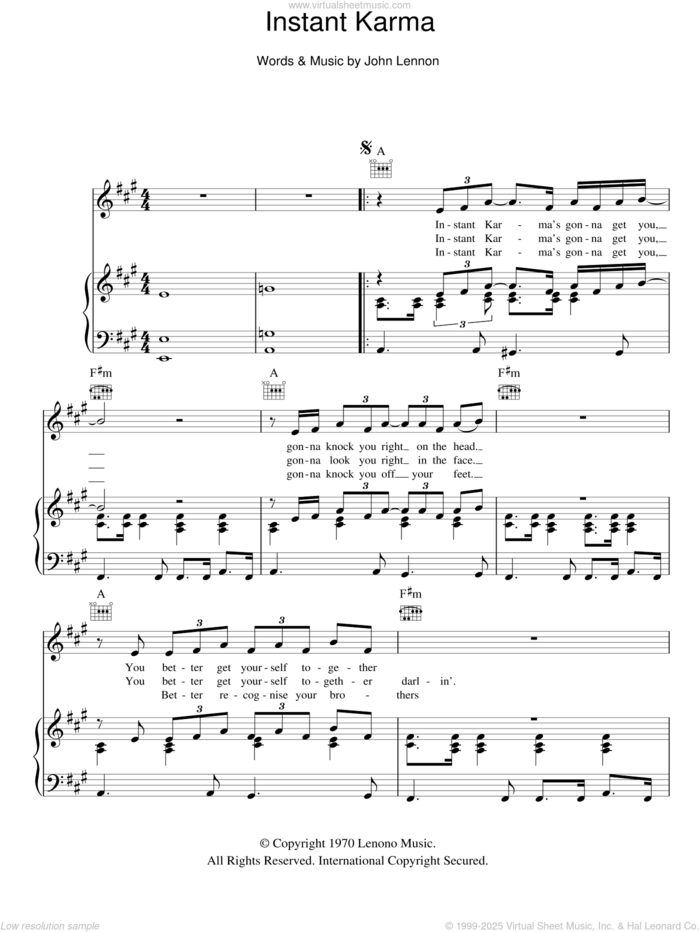 Instant Karma sheet music for voice, piano or guitar by John Lennon, intermediate skill level