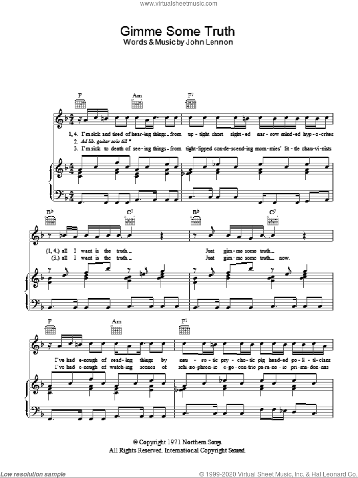 Gimme Some Truth sheet music for voice, piano or guitar by John Lennon, intermediate skill level