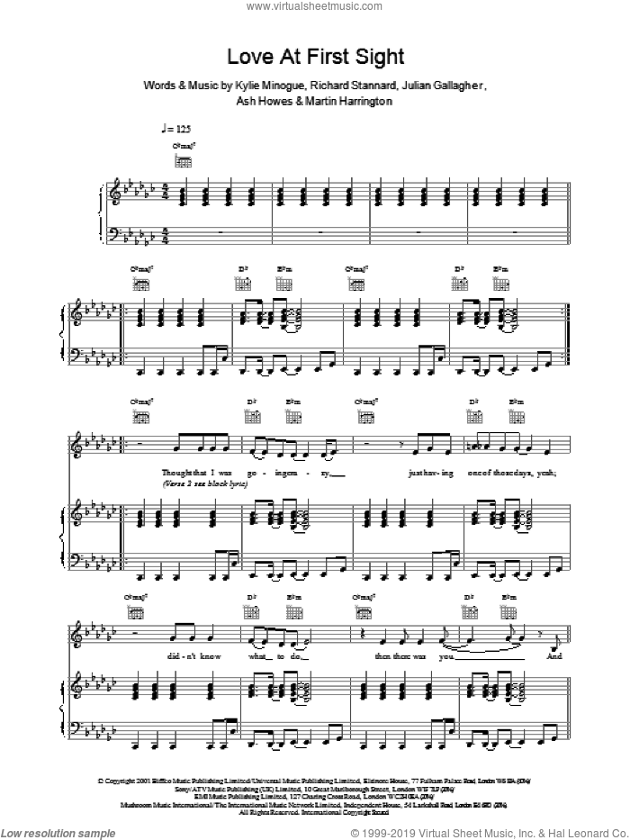 Love At First Sight sheet music for voice, piano or guitar by Kylie Minogue, Julian Gallagher and Richard Stannard, intermediate skill level