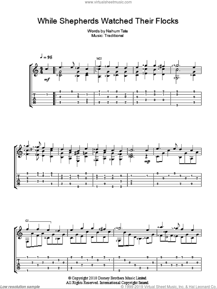 While Shepherds Watched Their Flocks sheet music for guitar (tablature)  and Nahum Tate, intermediate skill level