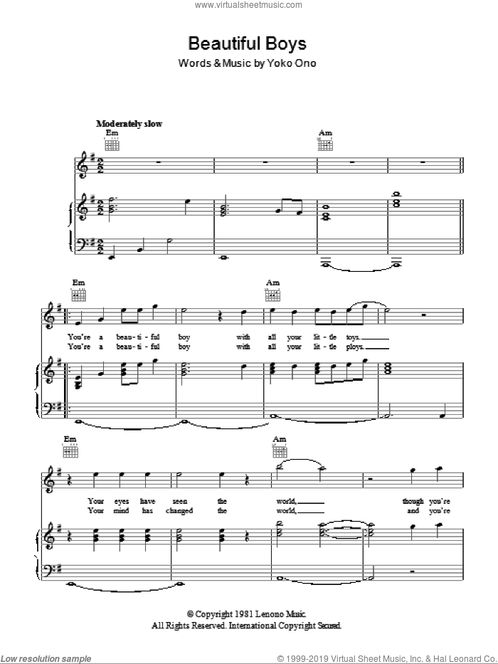 Beautiful Boys sheet music for voice, piano or guitar by Yoko Ono, intermediate skill level