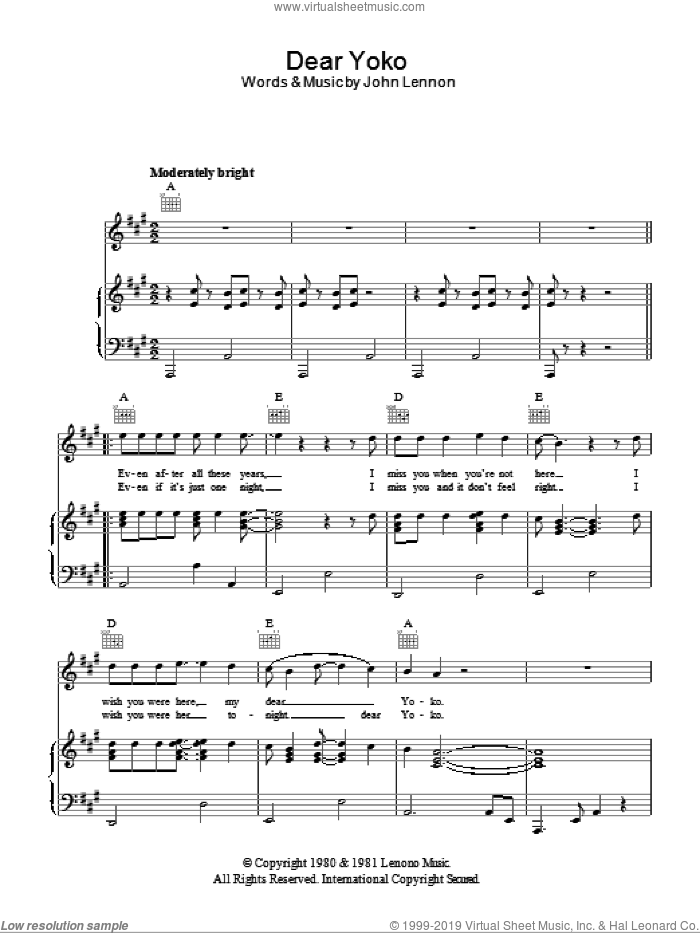Dear Yoko sheet music for voice, piano or guitar by John Lennon, intermediate skill level