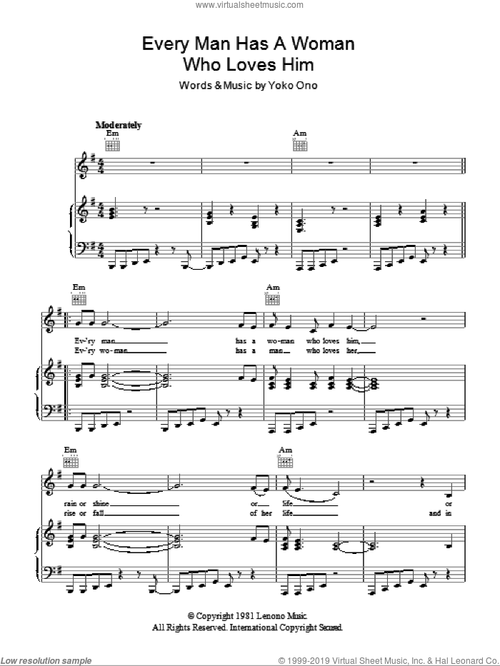Every Man Has A Woman Who Loves Him sheet music for voice, piano or guitar by Yoko Ono, intermediate skill level