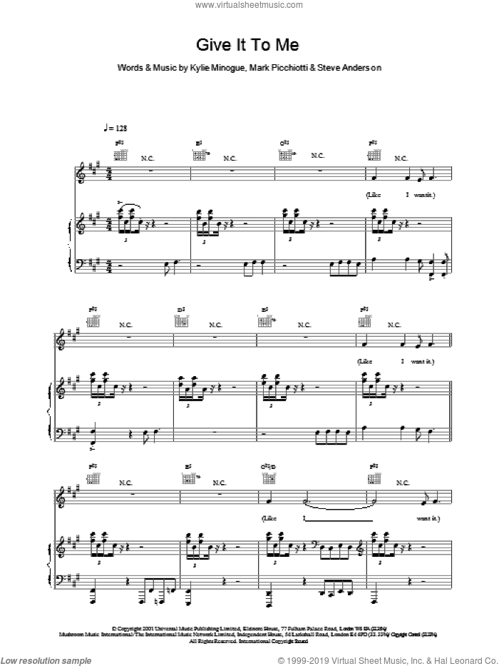 Give It To Me sheet music for voice, piano or guitar by Kylie Minogue, Mark Picchiotti and Steve Anderson, intermediate skill level