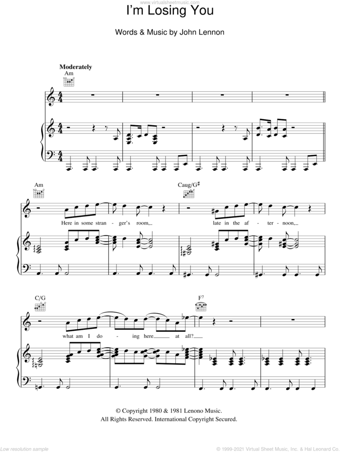 I'm Losing You sheet music for voice, piano or guitar by John Lennon, intermediate skill level