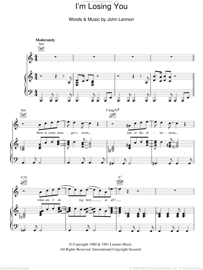 I'm Losing You sheet music for voice, piano or guitar by John Lennon, intermediate skill level