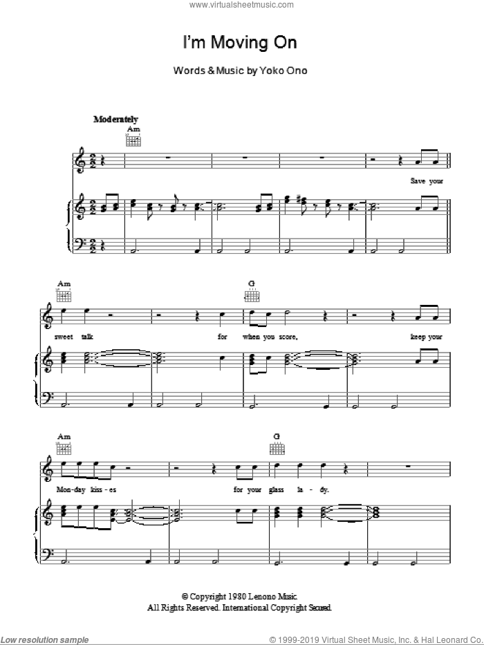 I'm Moving On sheet music for voice, piano or guitar by Yoko Ono, intermediate skill level