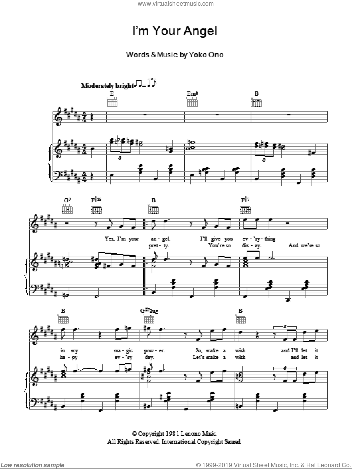I'm Your Angel sheet music for voice, piano or guitar by Yoko Ono, intermediate skill level