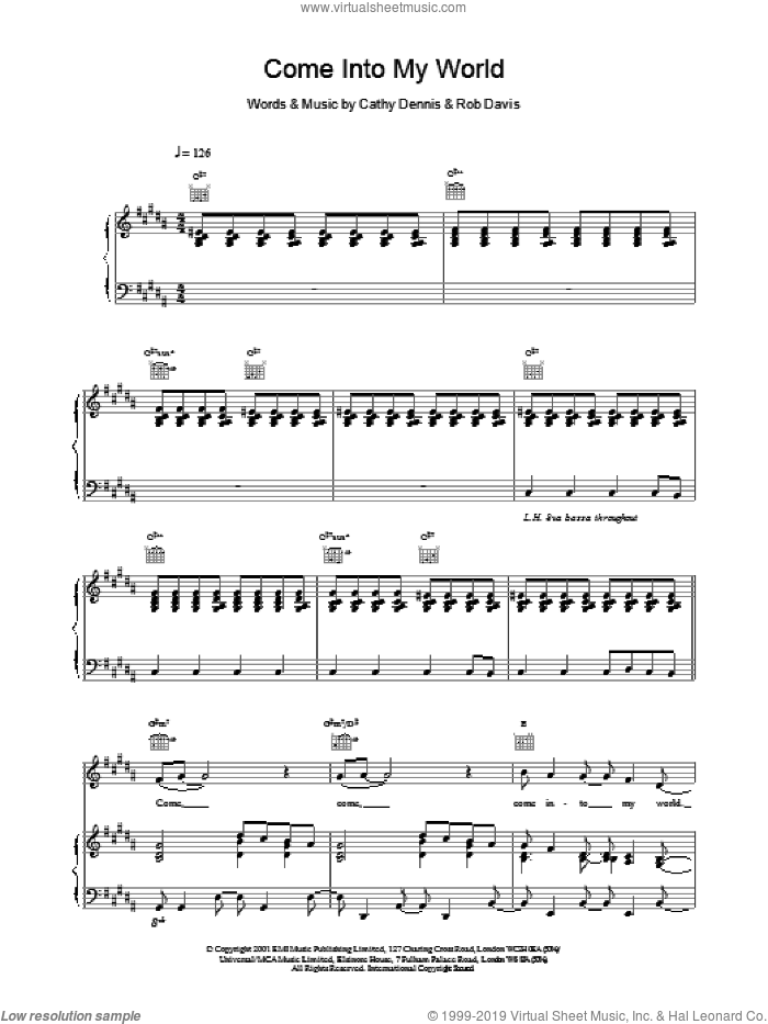 Come Into My World sheet music for voice, piano or guitar by Cathy Dennis, Kylie Minogue and Rob Davis, intermediate skill level